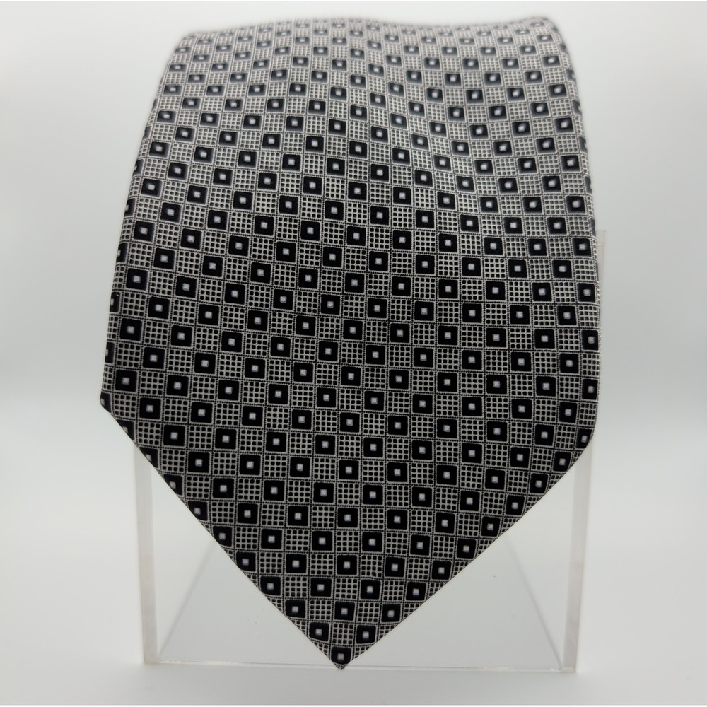 Stefano Ricci Italy Black Silver Geometric Silk Necktie Crystal Accent Luxury